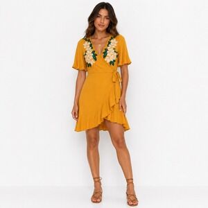 Cleobella Lillian Embroidered Wrap Dress Womens XSP Yellow Floral Boho Mini